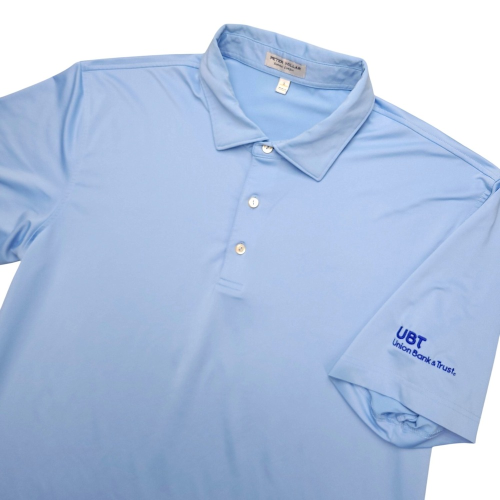 Peter Millar Summer Comfort Polo‎ Shirt Mens L Blue Solid UBT Bank Logo Golf Top